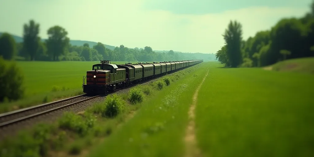 a train traveling down tracks next to a lush green field and a lush green field with trees on both s
