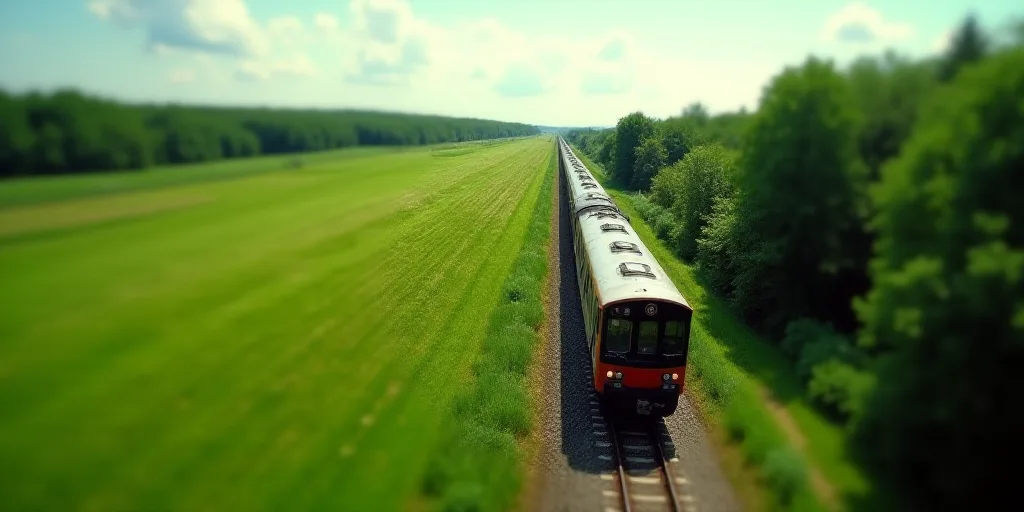 a train traveling down tracks next to a lush green field and a lush green field with trees on both s