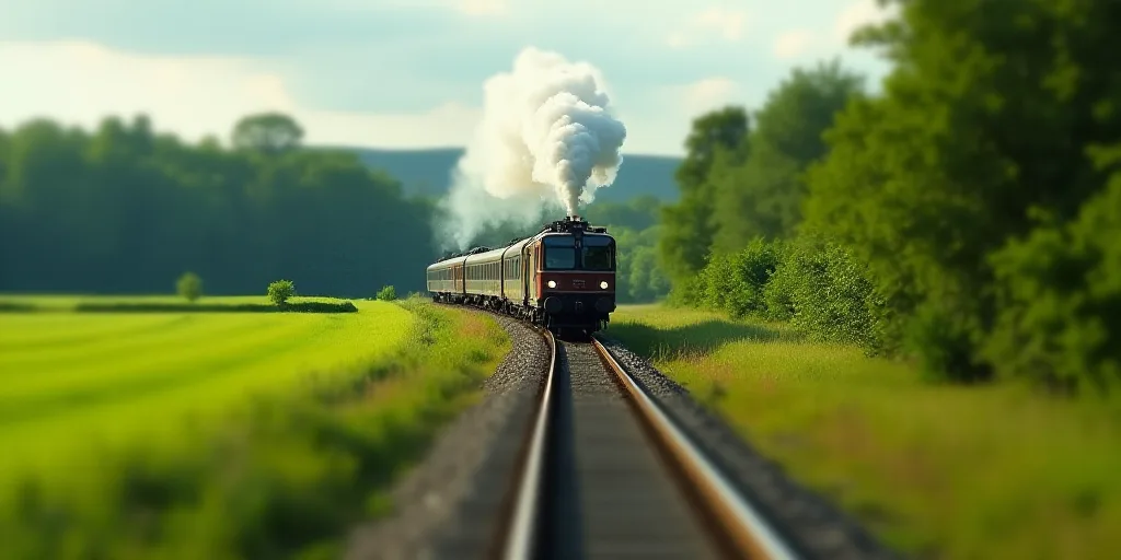a train traveling down tracks next to a lush green field and a lush green field with trees on both s