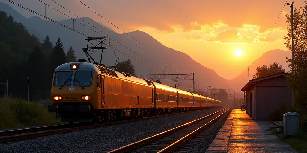 a train traveling past a train station next to a mountain range at sunset or sunrise time with the s