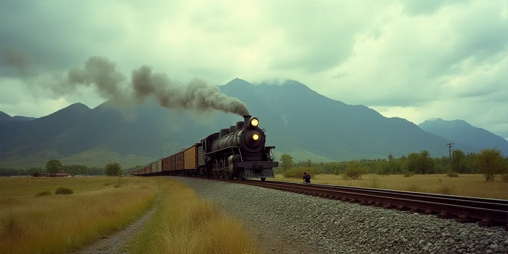 a train traveling through a rural countryside on a cloudy day with mountains in the background and a