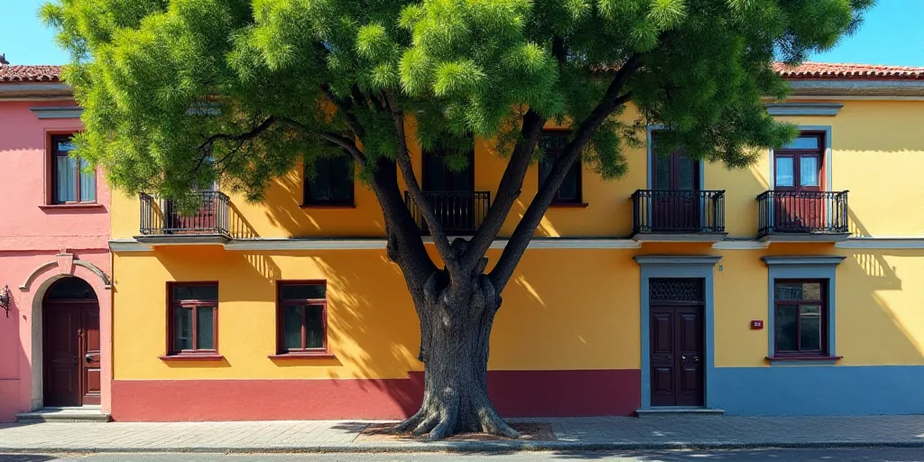 a tree is in front of a building with a balcony and balconies on the second floor of the building, C