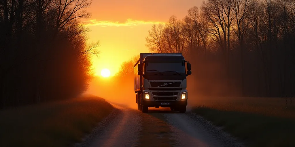 a truck driving down a dirt road near a forest at sunset or dawn with the sun setting behind the tre