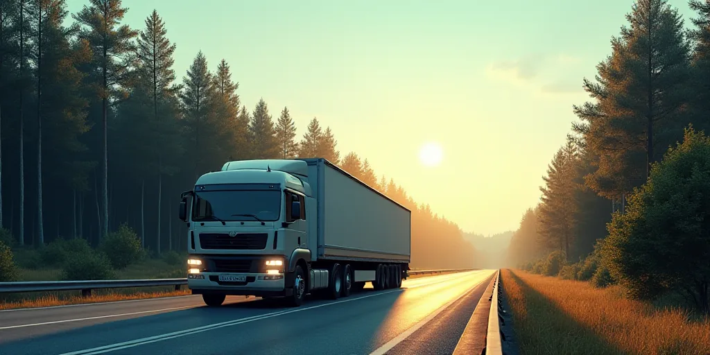 a truck driving down a road next to a forest of trees and a forest of trees behind it with a sky bac