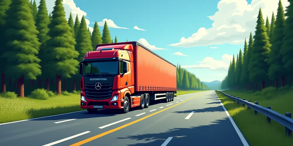 a truck driving down a road next to a forest of trees and a forest of trees behind it with a sky bac