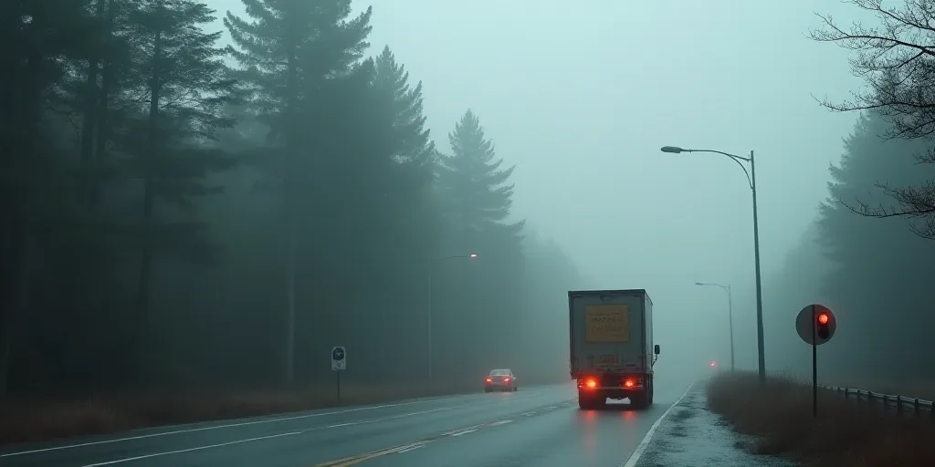 a truck driving down a road next to a forest filled with trees and traffic lights on a foggy day, Ca