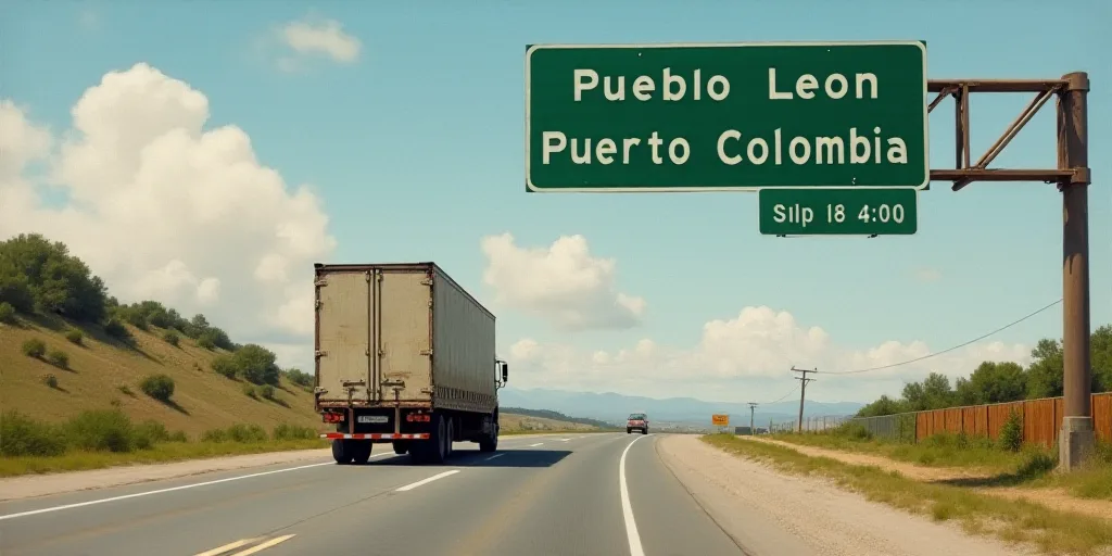 a truck driving under a sign on a road near a highway sign that says pueblo leon puerto colombia lar