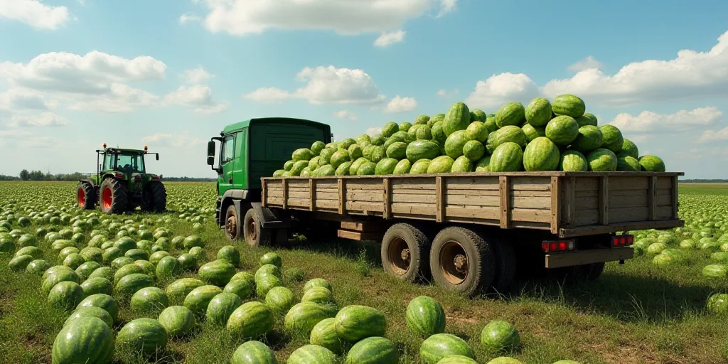 a truck filled with lots of watermelons in a field next to a tractor and a tractor trailer, Ceferí
