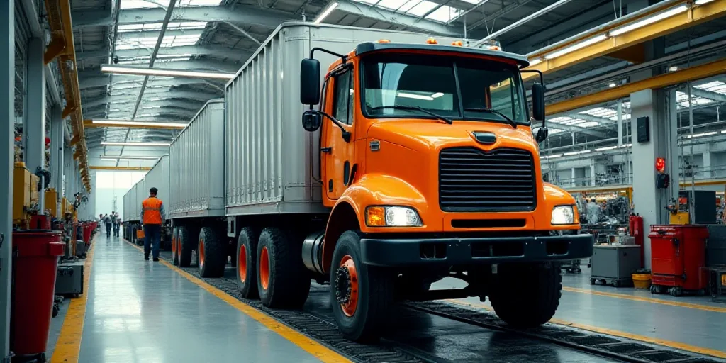 a truck is being worked on in a factory with workers working on the assembly line behind it and a ma