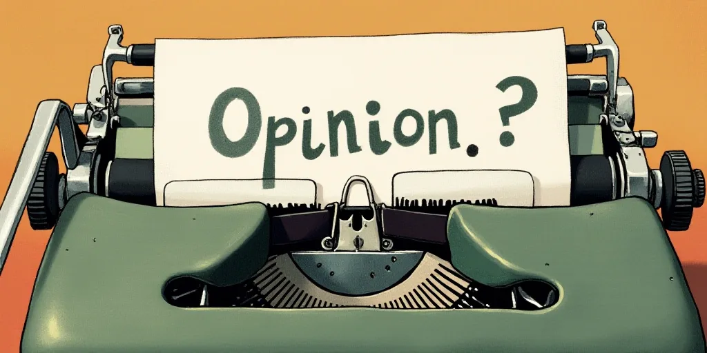 a typewriter with a face drawn on it and a caption for the words opinion and a question, Edward Otho