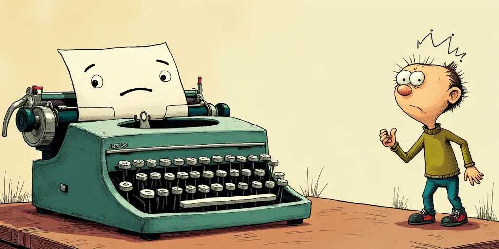 a typewriter with a face drawn on it and a caption for the words opinion and a question, Edward Otho