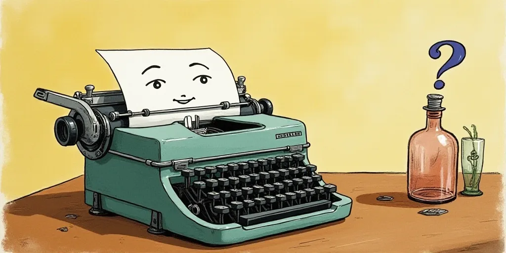 a typewriter with a face drawn on it and a caption for the words opinion and a question, Edward Otho
