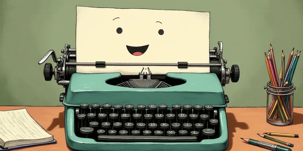 a typewriter with a face drawn on it and a caption for the words opinion and a question, Edward Otho