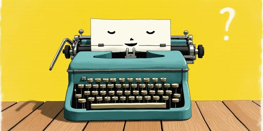 a typewriter with a face drawn on it and a caption for the words opinion and a question, Edward Otho