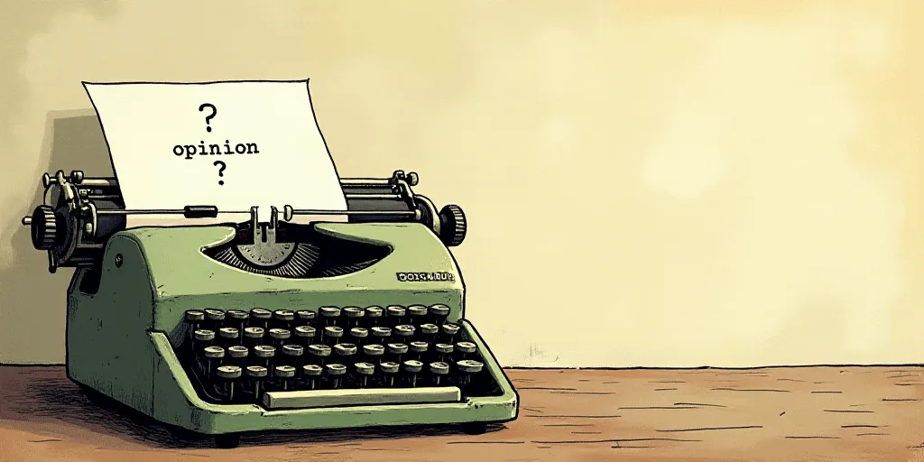 a typewriter with a face drawn on it and a caption for the words opinion and a question, Edward Otho