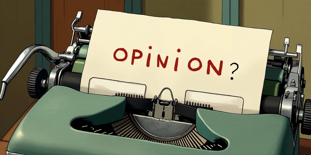 a typewriter with a face drawn on it and a caption for the words opinion and a question, Edward Otho