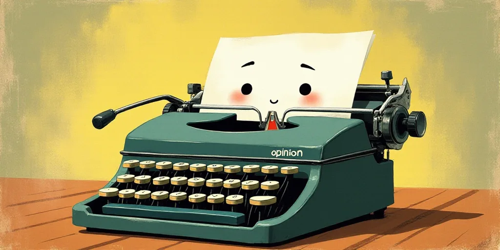 a typewriter with a face drawn on it and a caption for the words opinion and a question, Edward Otho