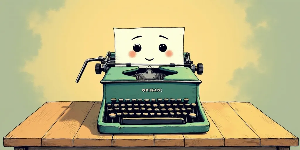 a typewriter with a face drawn on it and a caption for the words opinion and a question, Edward Otho
