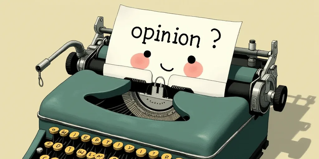 a typewriter with a face drawn on it and a caption for the words opinion and a question, Edward Otho