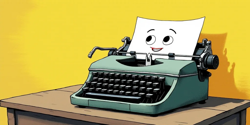 a typewriter with a face drawn on it and a caption for the words opinion and a question, Edward Otho