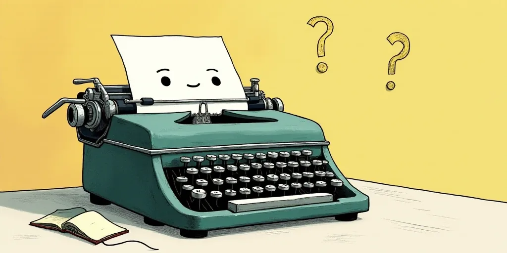 a typewriter with a face drawn on it and a caption for the words opinion and a question, Edward Otho