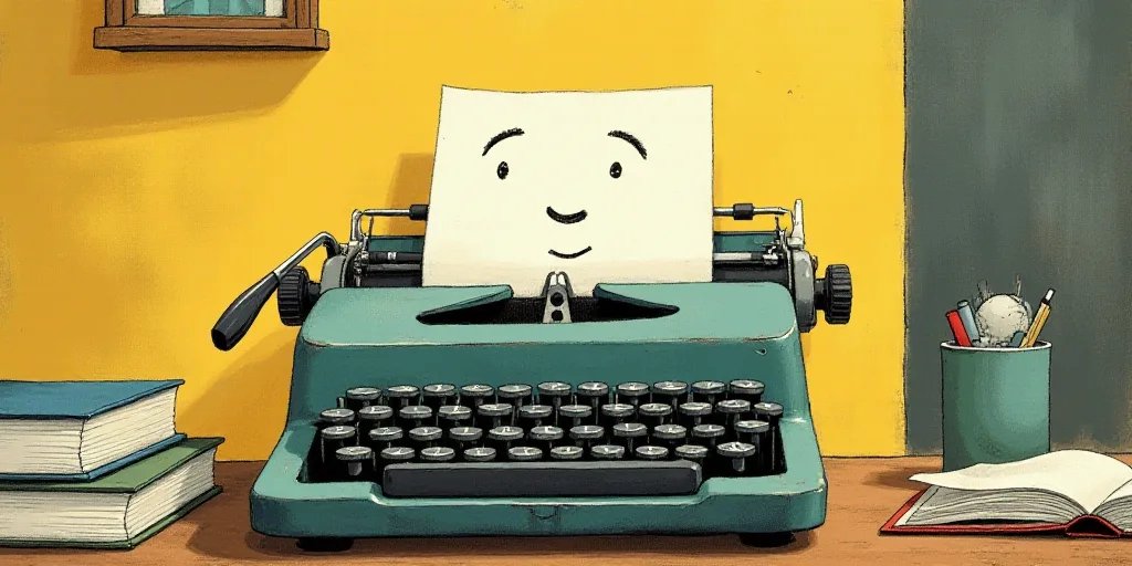 a typewriter with a face drawn on it and a caption for the words opinion and a question, Edward Otho