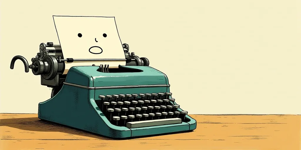 a typewriter with a face drawn on it and a caption for the words opinion and a question, Edward Otho