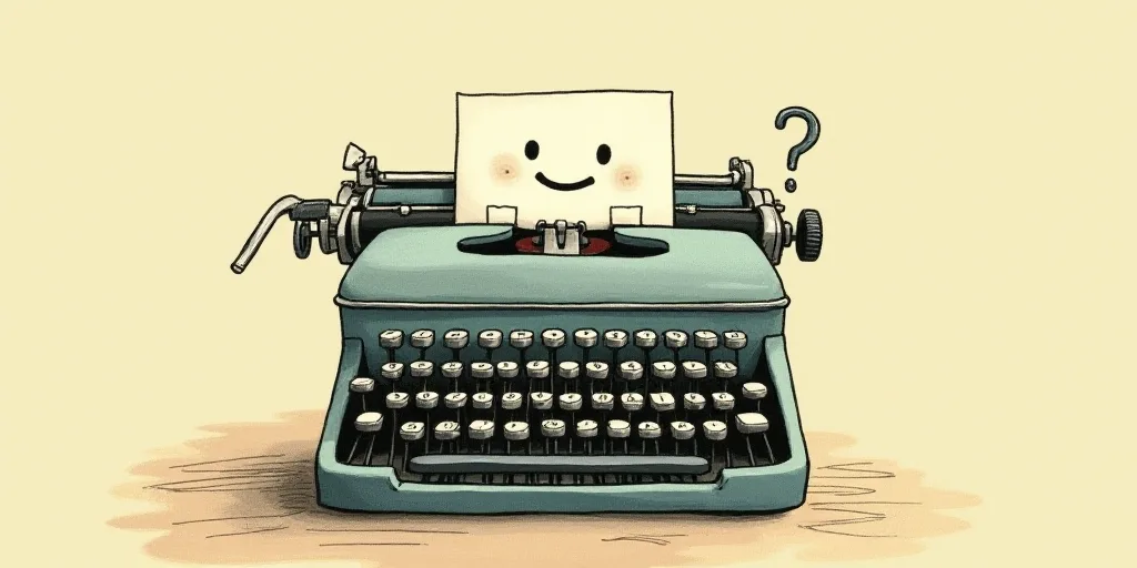 a typewriter with a face drawn on it and a caption for the words opinion and a question, Edward Otho