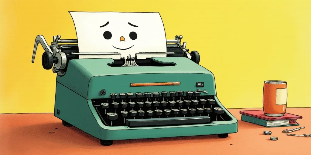 a typewriter with a face drawn on it and a caption for the words opinion and a question, Edward Otho