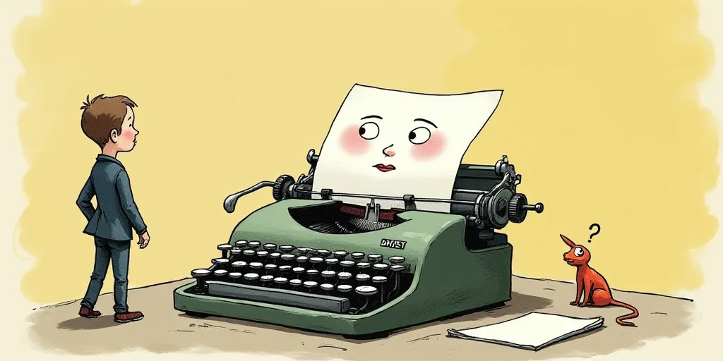 a typewriter with a face drawn on it and a caption for the words opinion and a question, Edward Otho