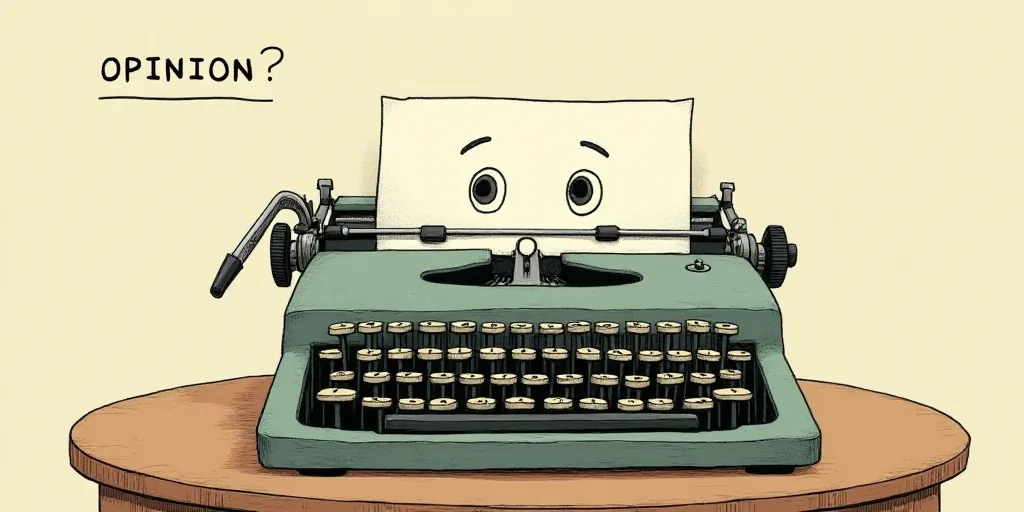 a typewriter with a face drawn on it and a caption for the words opinion and a question, Edward Otho