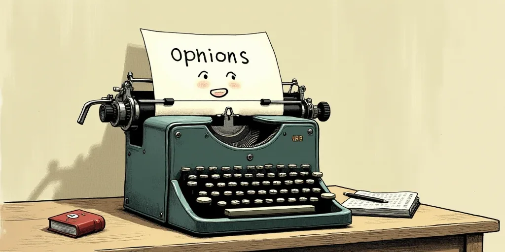 a typewriter with a face drawn on it and a caption for the words opinion and a question, Edward Otho