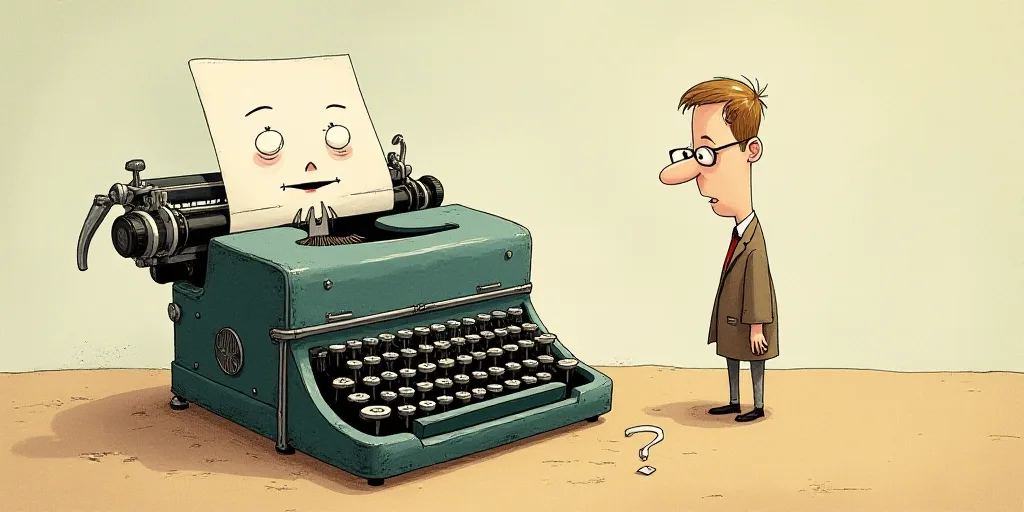a typewriter with a face drawn on it and a caption for the words opinion and a question, Edward Otho