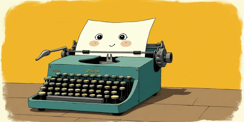 a typewriter with a face drawn on it and a caption for the words opinion and a question, Edward Otho
