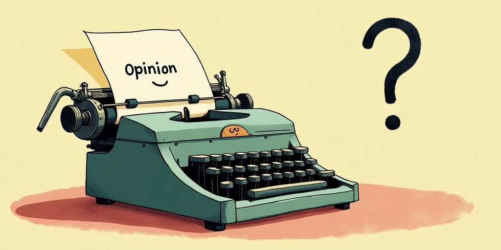 a typewriter with a face drawn on it and a caption for the words opinion and a question, Edward Otho