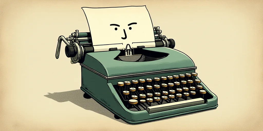 a typewriter with a face drawn on it and a caption for the words opinion and a question, Edward Otho