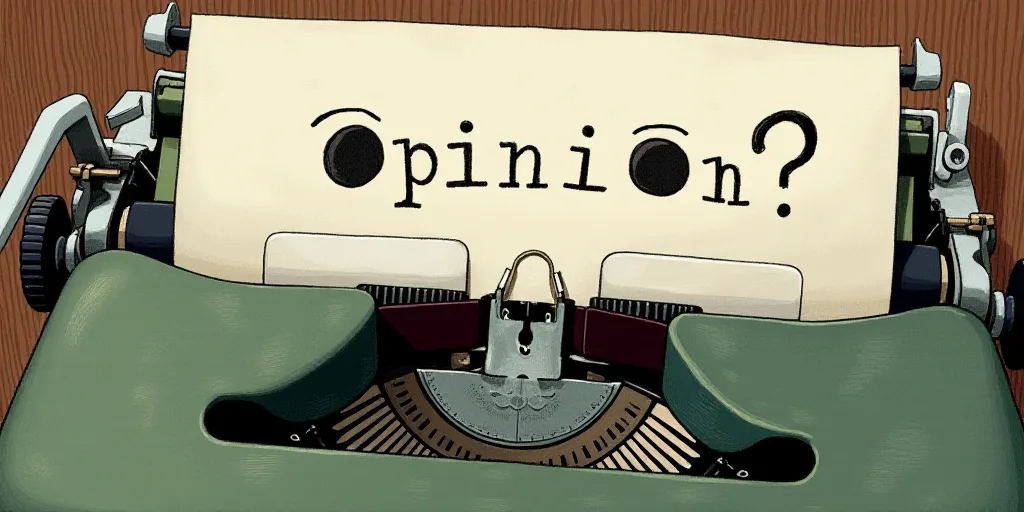 a typewriter with a face drawn on it and a caption for the words opinion and a question, Edward Otho