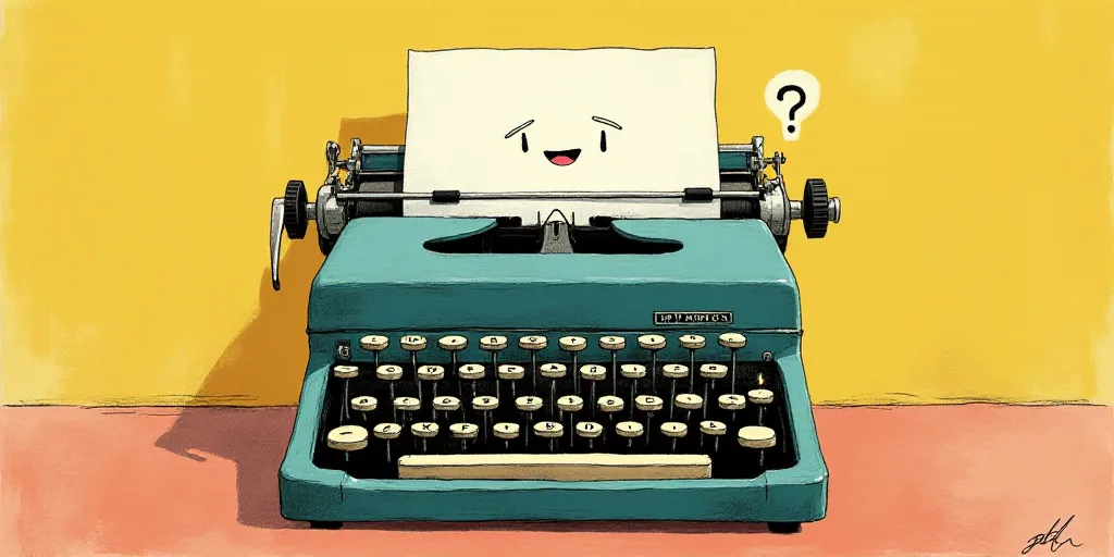 a typewriter with a face drawn on it and a caption for the words opinion and a question, Edward Otho