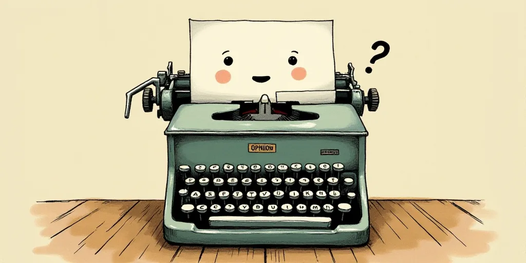 a typewriter with a face drawn on it and a caption for the words opinion and a question, Edward Otho