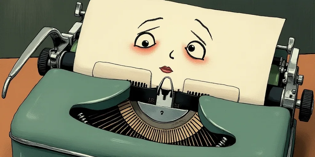 a typewriter with a face drawn on it and a caption for the words opinion and a question, Edward Otho