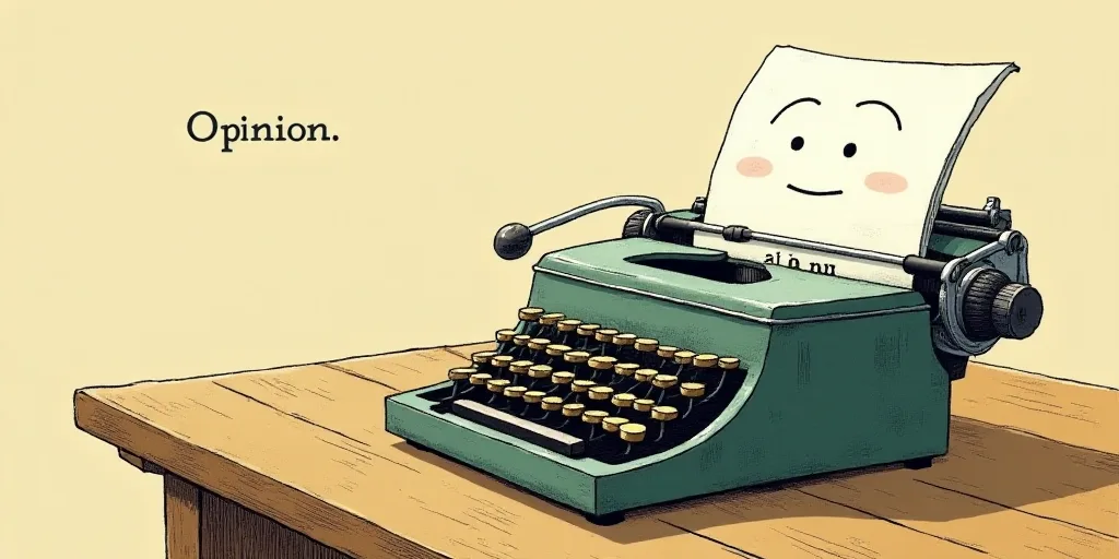 a typewriter with a face drawn on it and a caption for the words opinion and a question, Edward Otho