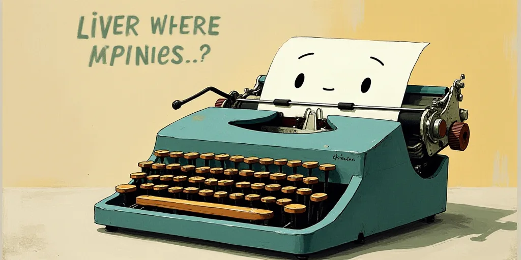 a typewriter with a face drawn on it and a caption for the words opinion and a question, Edward Otho