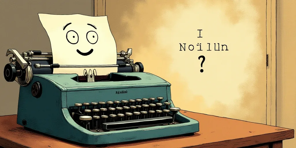a typewriter with a face drawn on it and a caption for the words opinion and a question, Edward Otho