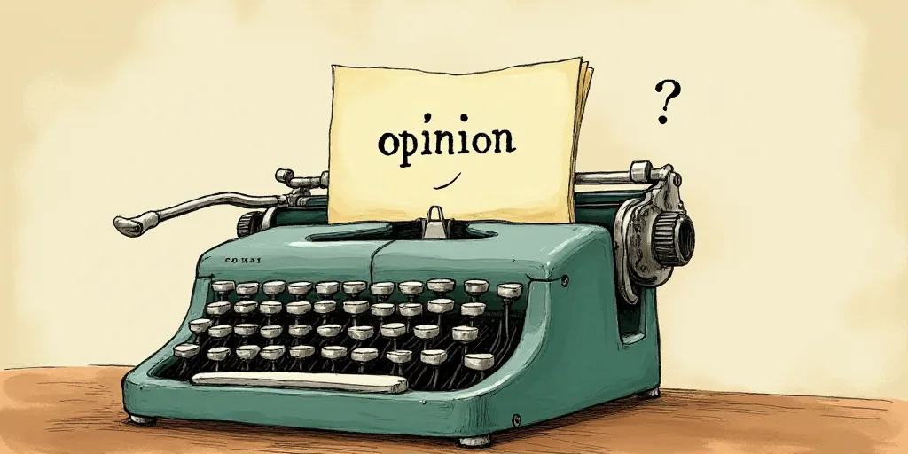 a typewriter with a face drawn on it and a caption for the words opinion and a question, Edward Otho