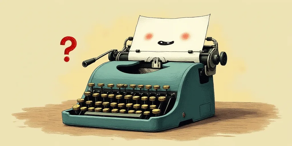 a typewriter with a face drawn on it and a caption for the words opinion and a question, Edward Otho