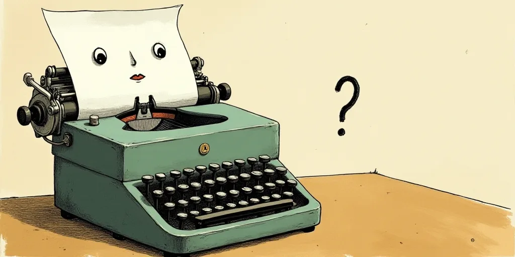 a typewriter with a face drawn on it and a caption for the words opinion and a question, Edward Otho