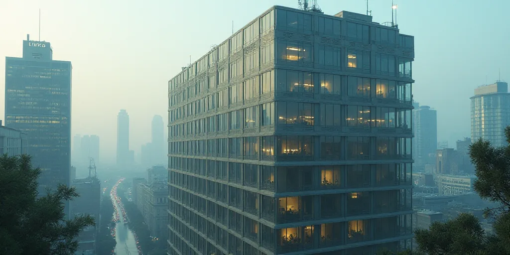 a very tall building with a lot of windows in the middle of a city with tall buildings in the backgr