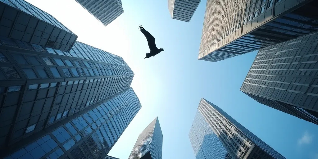 a view of a building from the ground looking up at the sky and buildings in the background with a bi