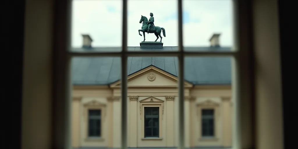 a view of a building through a window with a view of the outside of it and a statue of a horse on to