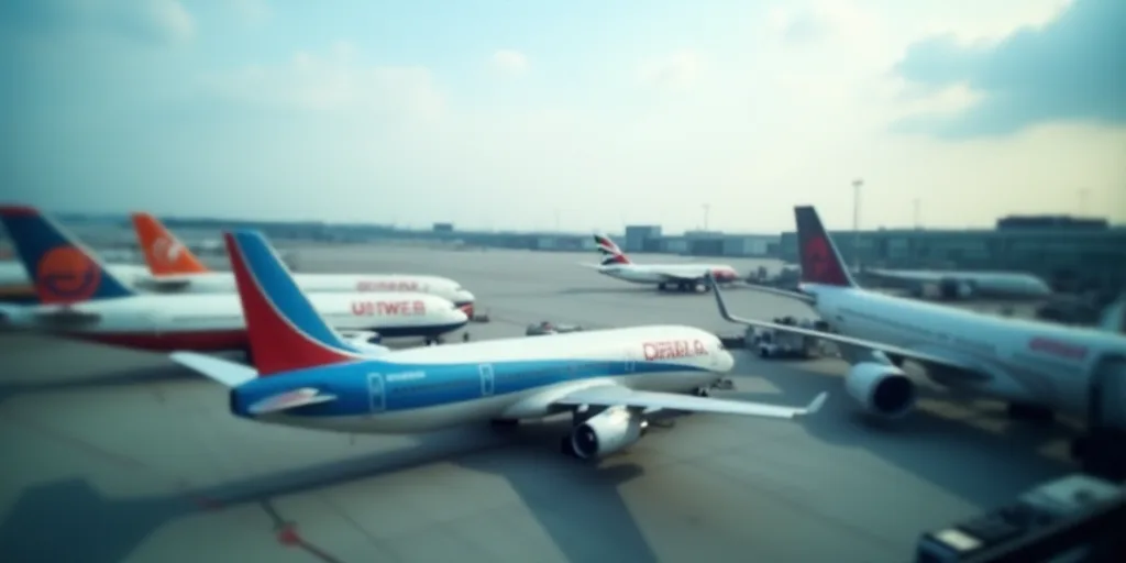 a view of a bunch of airplanes from a window of an airport terminal with a plane in the background,
